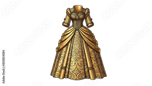 Intricately detailed golden gown with voluminous sleeves and a full skirt featuring ornate scrollwork patterns