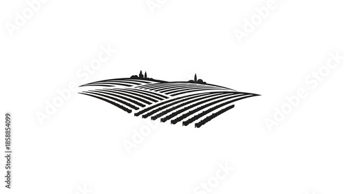 Minimalist black and white graphic of rolling hills with cultivated rows and distant village silhouette