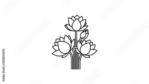 Minimalist black outline drawing of a bouquet of lotus flowers and a bud on a white background, vector