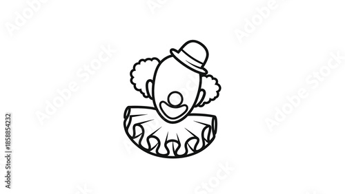 Minimalist black outline drawing of a clown's head with a small hat, ruffled collar, and round nose on white background