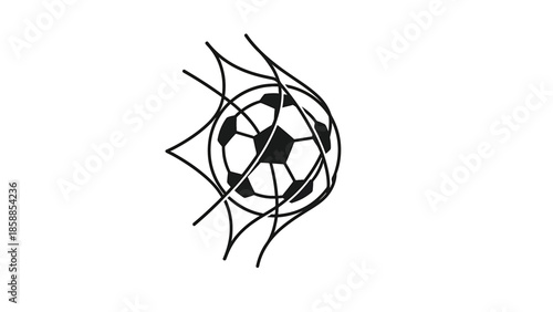 Minimalist black outline drawing of a classic soccer ball caught in a goal net on a plain white background