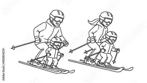Line art of two adult skiers, one male and one female, each with a child, enjoying a winter ski trip
