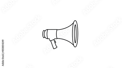 Minimalist black outline drawing of a megaphone on a pure white background