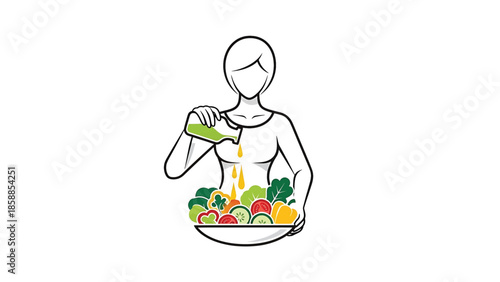 Line art person pouring dressing from a bottle onto a bowl of colorful fresh vegetables, symbolizing health