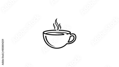 Minimalist black outline drawing of a steaming hot beverage cup on a pure white background