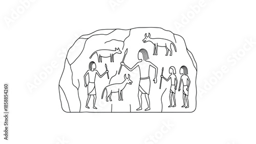 Line drawing of ancient cave painting depicting human figures with spears and various animals