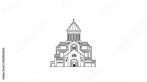 Minimalist black outline drawing of an ancient church or cathedral with a central dome and cross