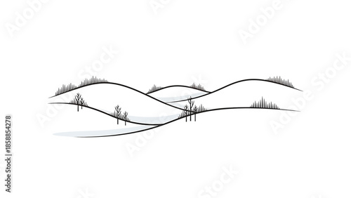 Minimalist black outline drawing of rolling snow hills with sparse barren trees and small shrubs