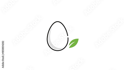Minimalist black outline egg with a green leaf on a clean white background, symbolizing nature and food