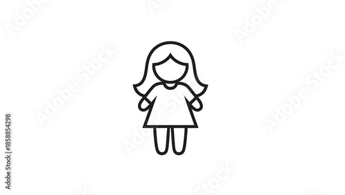 Minimalist black outline icon of a young girl with shoulder-length hair and a simple dress, facing forward