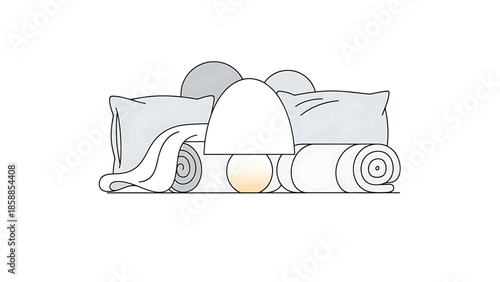 Minimalist illustration of a bedside arrangement with grey pillows, rolled towels, and a warm glowing lamp