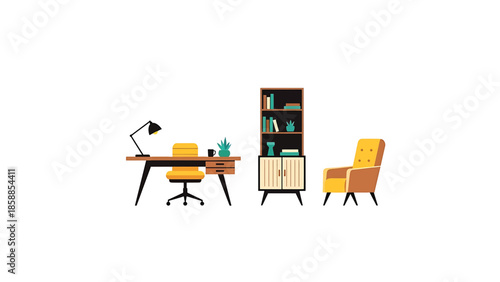 Minimalist home office illustration with desk, yellow chair, lamp, bookshelf, and armchair on white
