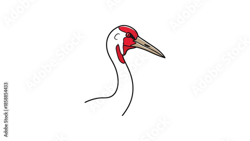 Minimalist illustration of a crane's head and long neck, featuring a striking red face and dark beak