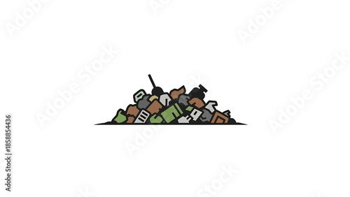 Minimalist illustration of a colorful pile of assorted garbage and refuse on a white background, symbolizing waste