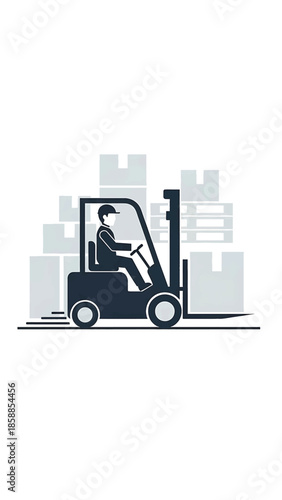 Minimalist illustration of a forklift operator moving stacked boxes and pallets in a warehouse