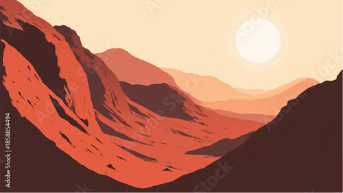 Rocky Desert landscape. Illustration of a desert landscape with sunset. Desert dunes. Vector illustration.