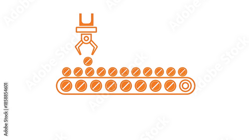 Orange robotic arm picking and placing round items onto a conveyor belt for an industrial process