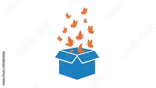 Orange butterflies escape a blue box, symbolizing freedom, new ideas, or transformation on white background