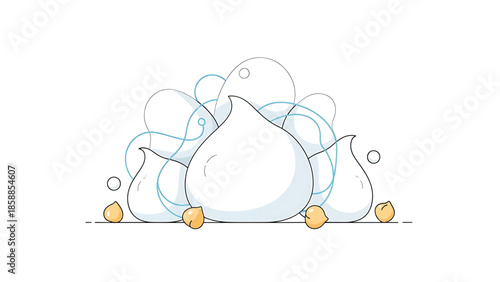 Minimalist illustration of abstract white shapes resembling clouds or dumplings with blue lines and yellow chickpeas