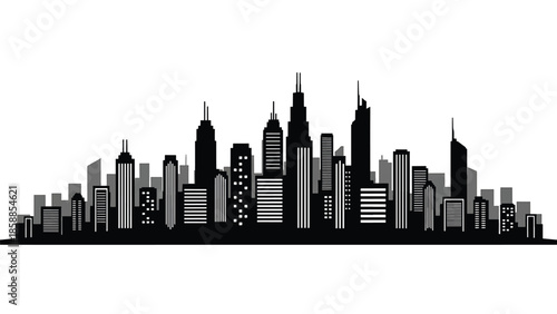 Modern city skyline silhouette against white background, featuring diverse black and grey buildings