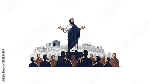 Orator addresses an attentive audience in an ancient city with classical architecture, minimalist illustration