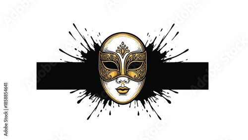 Ornate gold and white Venetian carnival mask centered over dynamic black paint splatters and a horizontal stripe