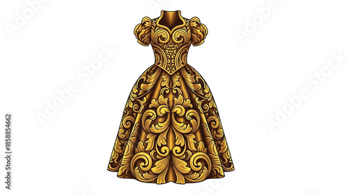 Ornate golden brown ball gown with puffed sleeves and intricate baroque-style swirling patterns