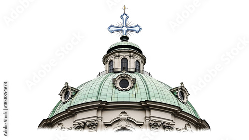 Ornate, green-domed baroque church with a prominent glowing cross on a spire, isolated on white