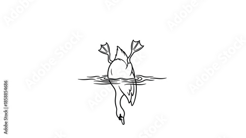 Outline drawing of a duck with its head submerged in water and its tail and webbed feet visible above