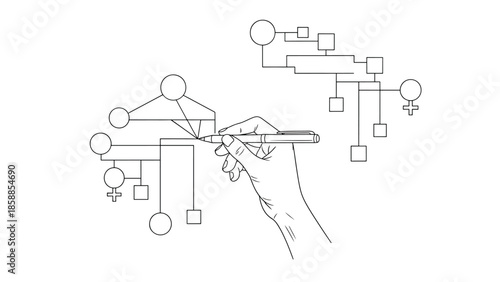 Outline drawing of a hand holding a pen, drawing lines to connect shapes in a complex scientific diagram