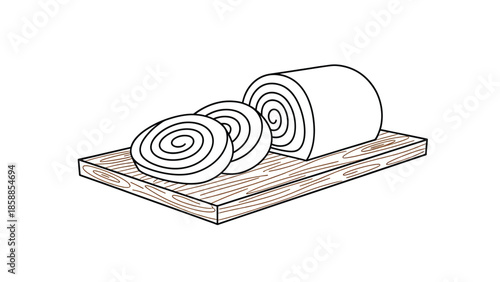 Outline drawing of a large roll of food, sliced into three pieces, on a wooden cutting board