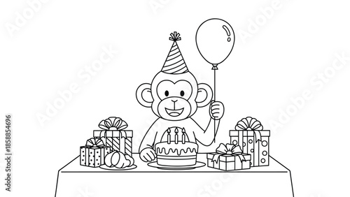 Outline drawing of a monkey in a party hat, with a cake, gifts, and a balloon on a table