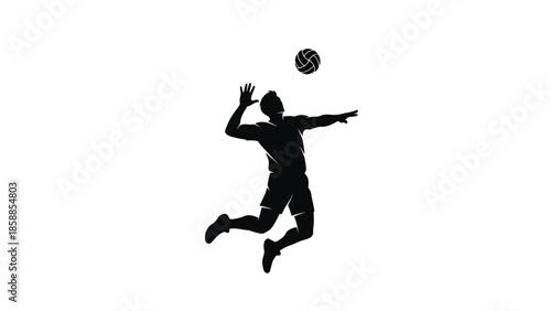 Silhouette of a male volleyball player jumping to spike or serve a ball against a white background