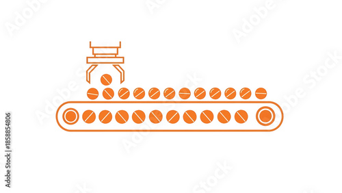 Outline illustration of a robotic arm placing orange pills with white lines onto a conveyor belt
