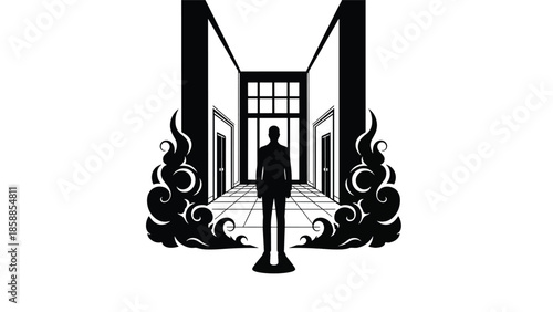 Silhouette of a person in a stylized hallway with doors, checkered floor, and decorative smoke swirls