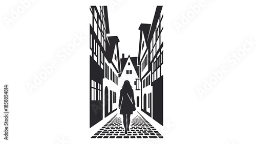 Silhouette of a person walking down a narrow, cobblestone alley lined with historic, multi-story buildings