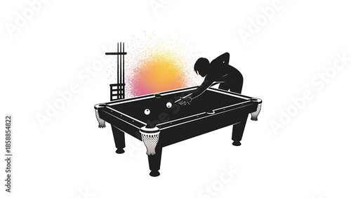 Silhouette of a person playing pool on a table with cue rack and colorful speckled background