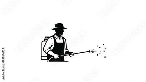 Silhouette of a person wearing a hat and apron, carrying a sprayer and spraying liquid