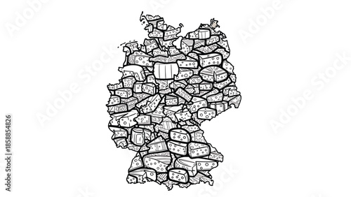 Outline illustration of Germany's map shape, filled with various blocks and wedges of cheese