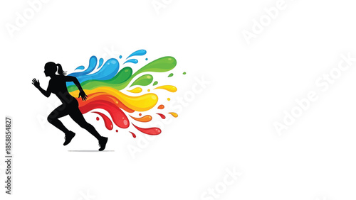 Silhouette of a running woman with a colorful splash effect trailing behind her on a white background