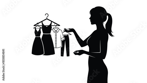 Silhouette of a woman observing various clothes on hangers for selection, against a white background