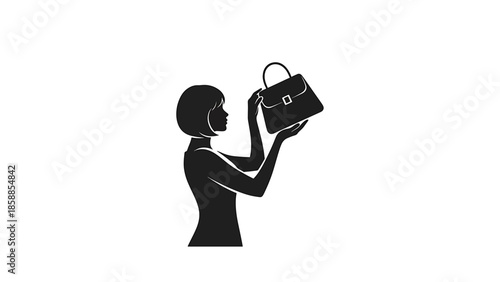 Silhouette of a woman with a bob haircut holding a handbag in her hands, isolated on white