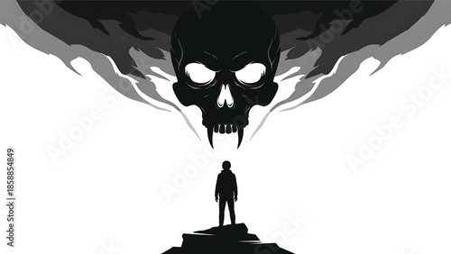 Silhouette of person facing a menacing fanged skull amidst dark clouds, stark black and white digital art