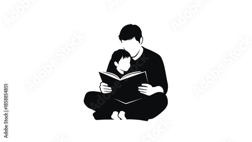 Silhouette of an adult sitting cross-legged, holding and reading a book to a child nestled close