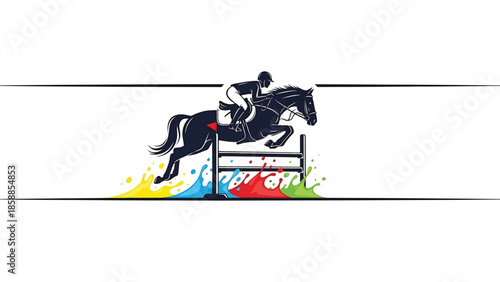 Silhouette of horse and rider jumping over colorful paint splash obstacle on a white background