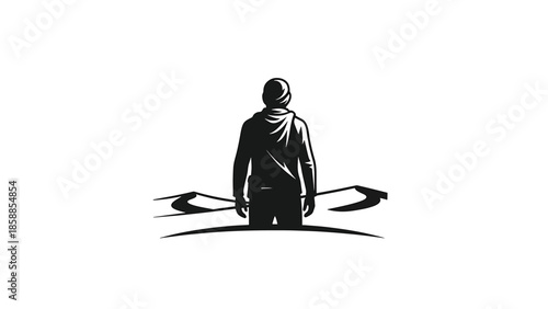 Silhouetted figure in a hoodie, seen from behind, standing with two axes embedded in stylized ground