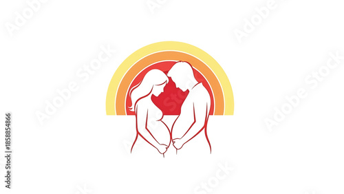 Silhouettes of a pregnant woman and man touching bellies, embraced by a rainbow arc. Warm, hopeful colors