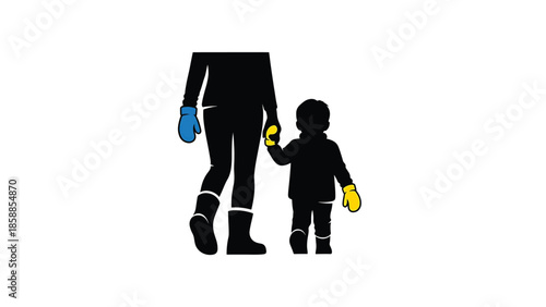 Silhouettes of adult and child holding hands, wearing colorful winter mittens, against a white background