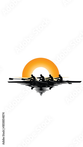 Silhouettes of four rowers on water at sunset, with boat and reflections, minimalist vector art