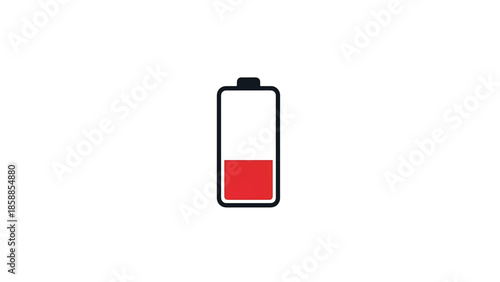 Simple battery icon showing low red charge level on a clean white background, indicating depletion